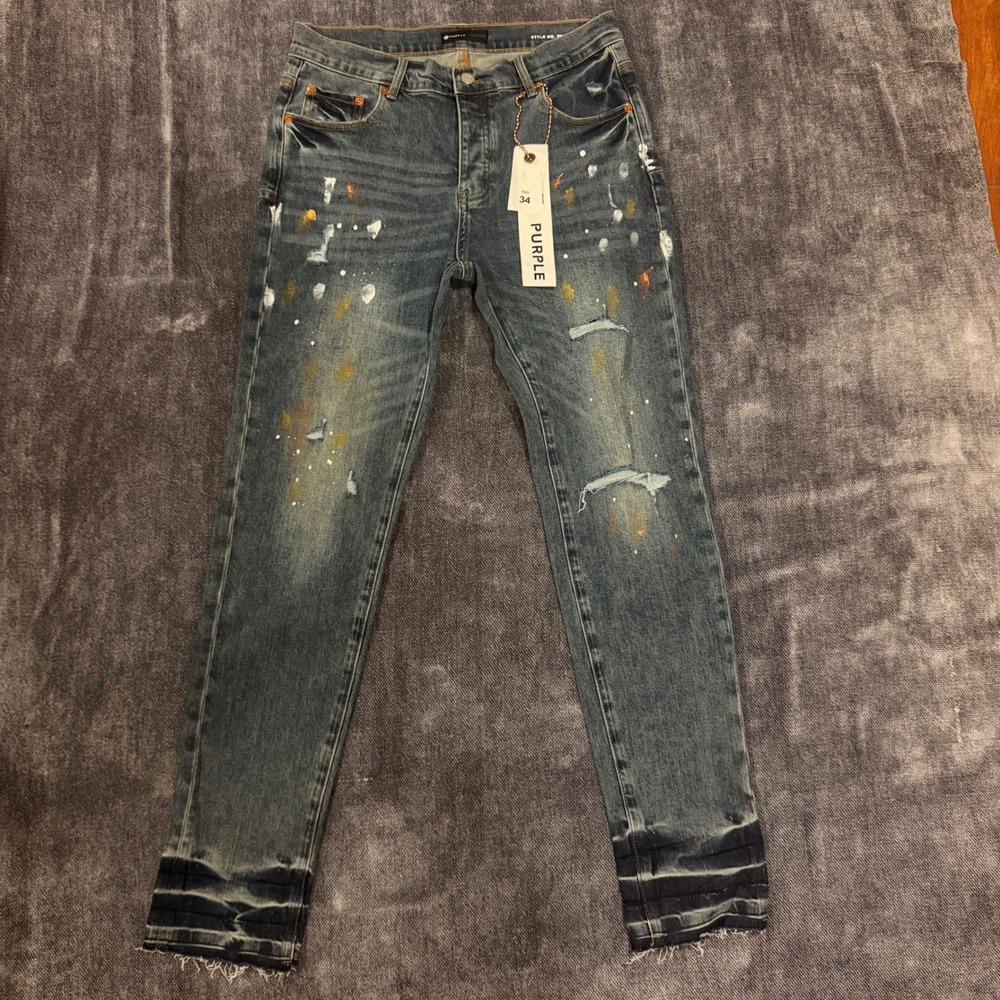Purple Brand P001 Mens 34 Light Indigo Paint Splatter Distressed Skinny Jeans